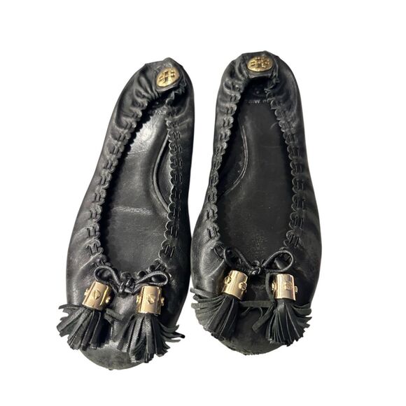 TORY BURCH Women’s Ballet Leather Tassel Ballerina Flats Shoes SZ 8.5M black ree - Picture 1 of 9